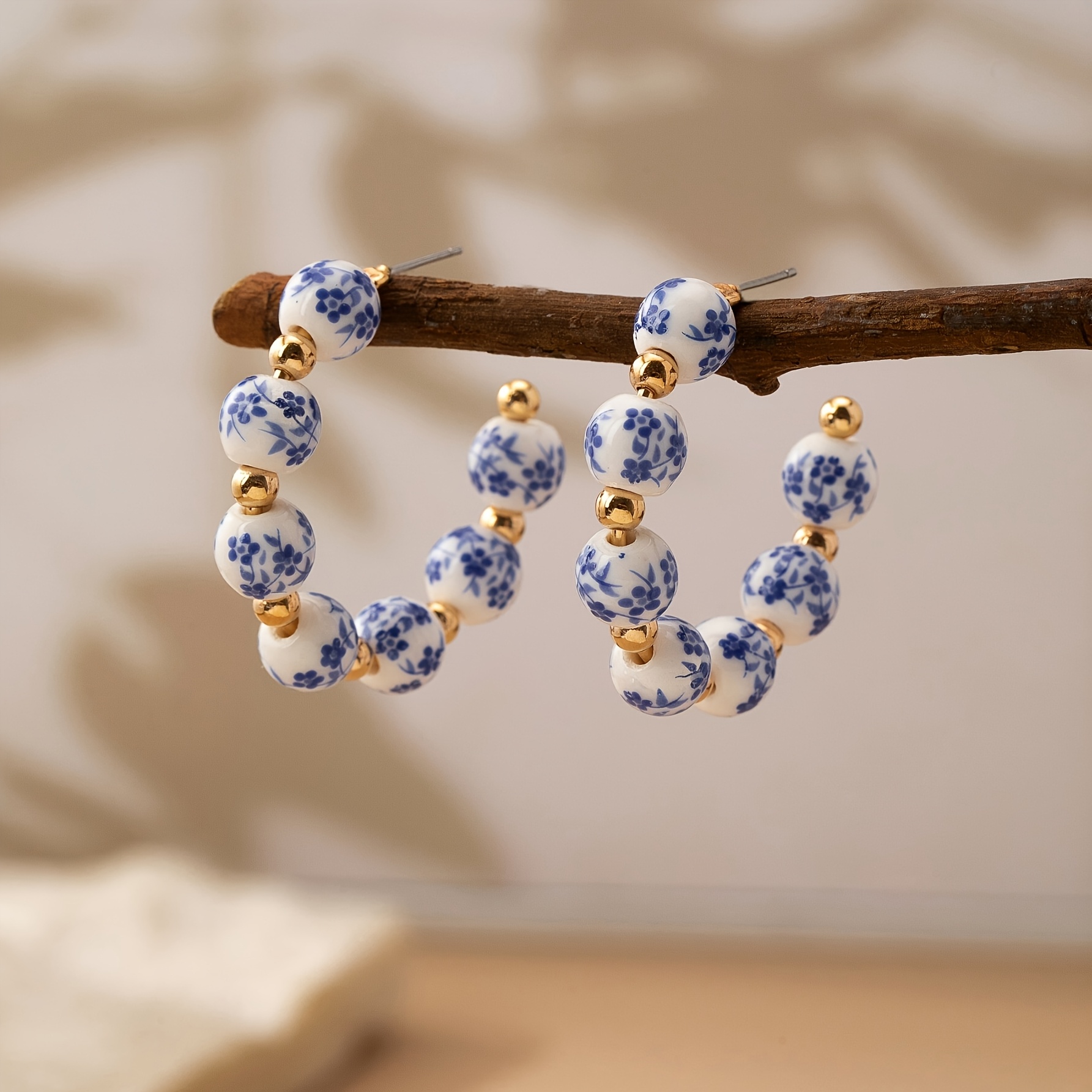 Women's Elegant Porcelain Patterned Beaded Earrings, Chinese Style